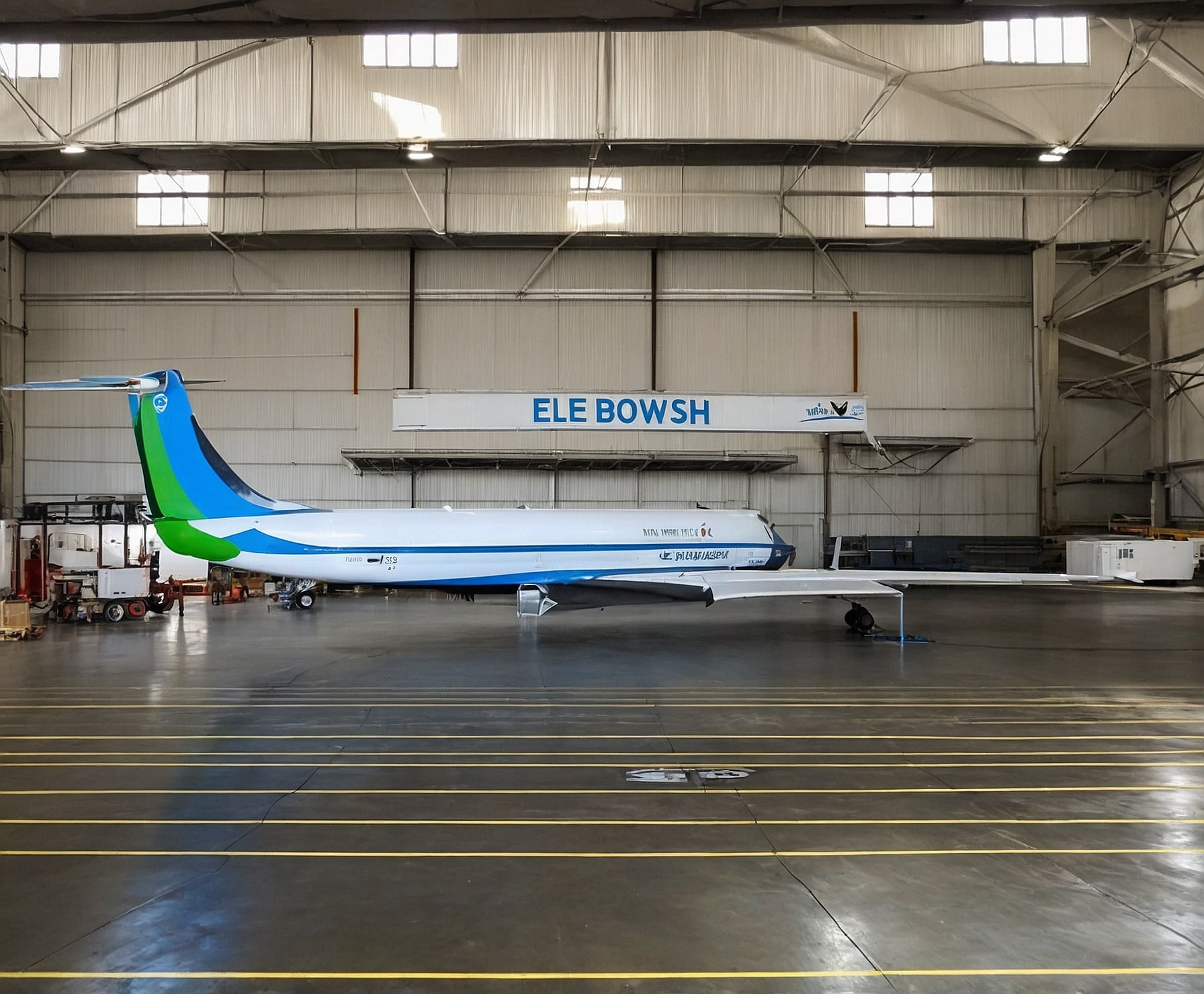 Pulitura ecológica de avión en hangar iluminado